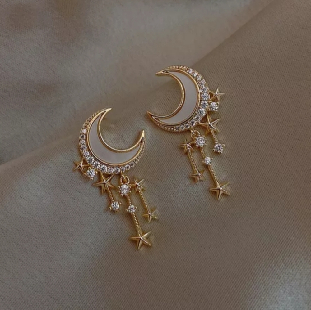 Pave Diamond Moon 14K Gold Plated Stud Dangling Tassel Earrings - Picture 1 of 1